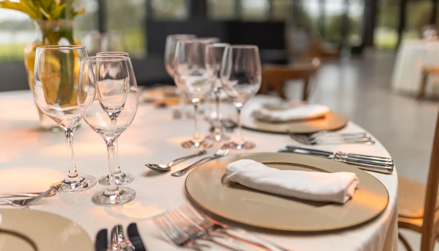 Table dressée pour un repas au restaurant, avec verres et serviettes, illustration